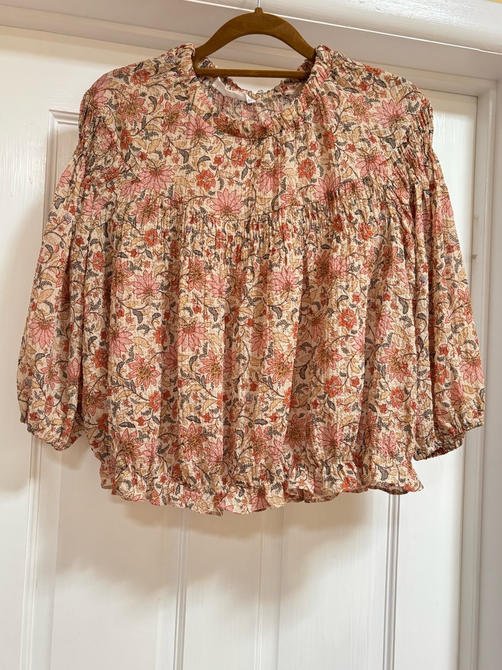 Mango Floral Smocked Peasant Blouse - Cream, Pink and Brown